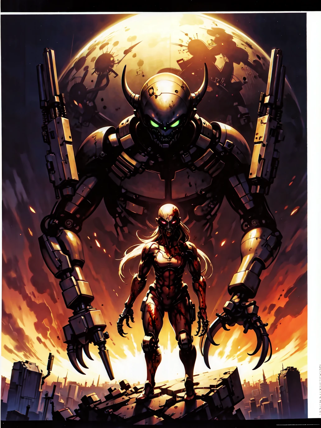 best quality,girl,dynamic shot,room,detailed background , alien, mechanical arms, zombie