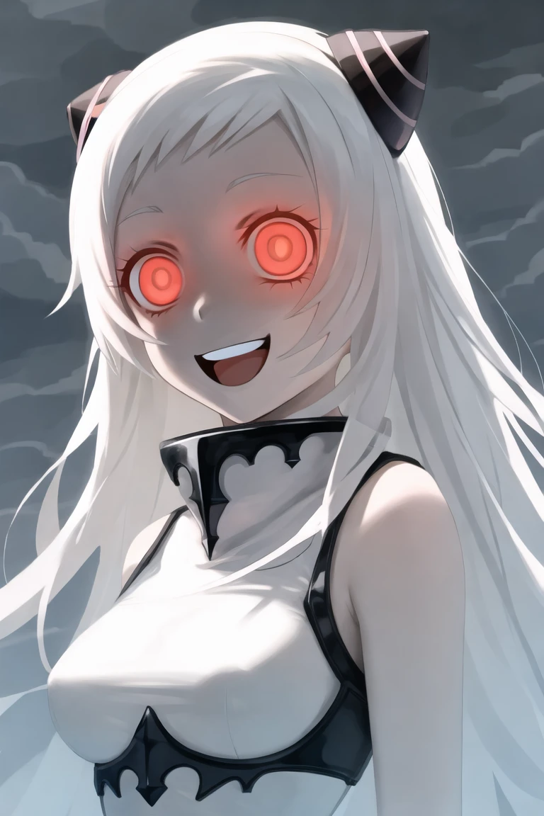 best quality, airfield princess, abyssal ship, upper body portrait, looking at viewer, 1girl, empty eyes, constricted pupils, crazy smile, :d, colored skin, white skin, horns, hairpods, glowing eyes, red eyes, long hair, white hair, (collar, high collar), medium breasts, bare shoulders, <lora:Airfield Princess:1>, dark skies, storm clouds, highly detailed illustration, promotional art, concept art
