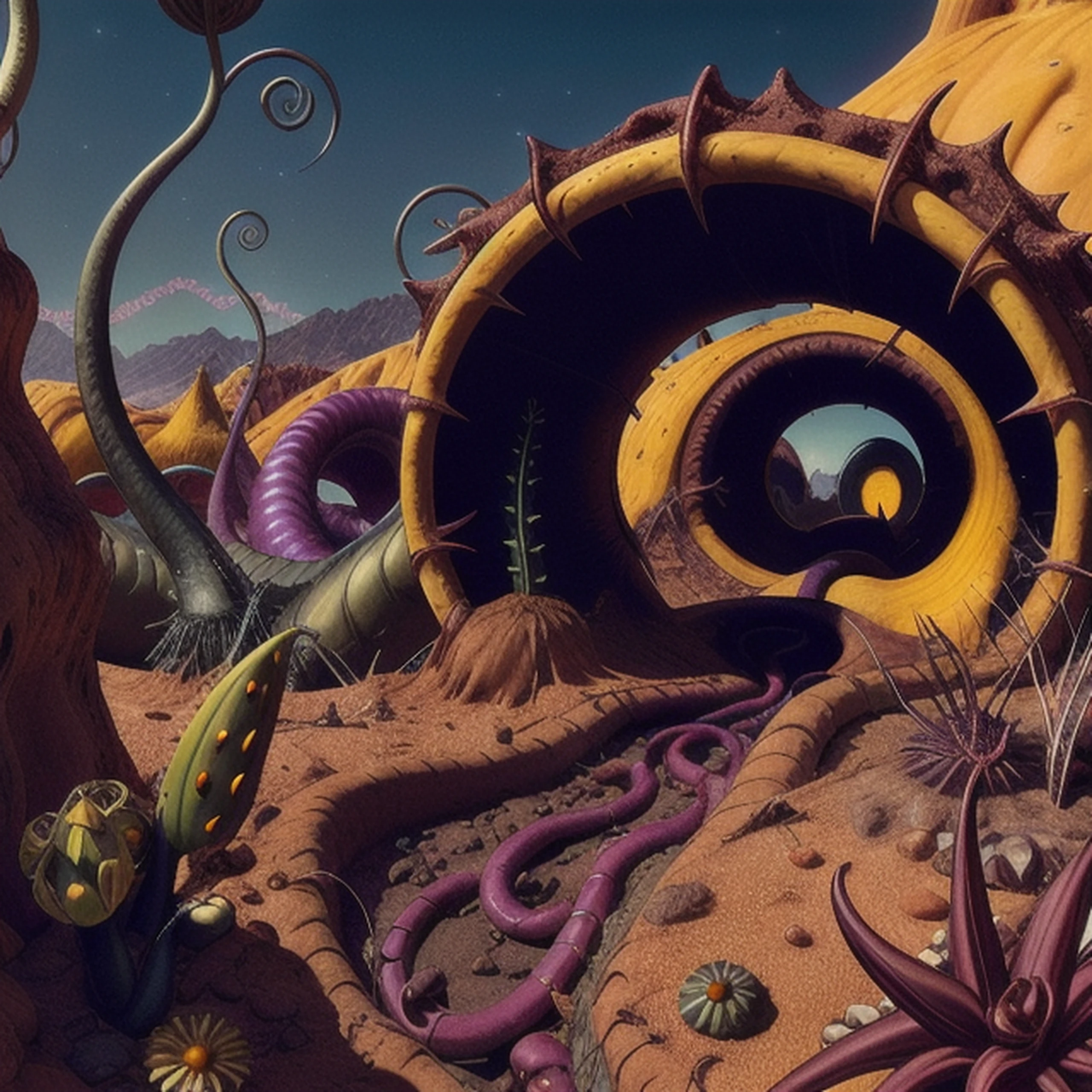 (((realistic))), ((DSLR photo)), ((well lit)), ((yellow rock)), <lora:CosmicLandscapes:0.7>, (((retro))), CosmicLandscapes, (desert landscape), ((thin atmosphere)), ((day light)), a photo of a ((giant worm), ((alien plants)), ((toxic)), ((alien creatures)), ruins, lake, ((worms)), <lora:theovercomer8sContrastFix_sd15:0.5>,