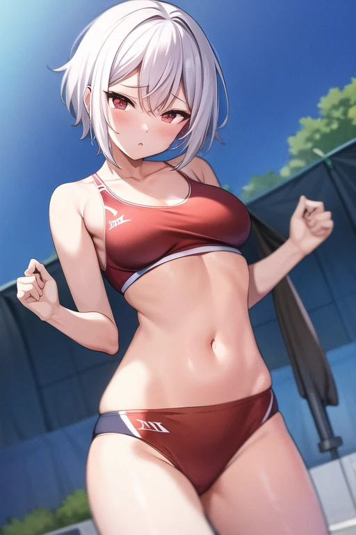 masterpiece, best quality,<lora:tu_v2-000009:0.8>,tu,navel,white hair, red eyes, outdoors, short hair, blush,track race