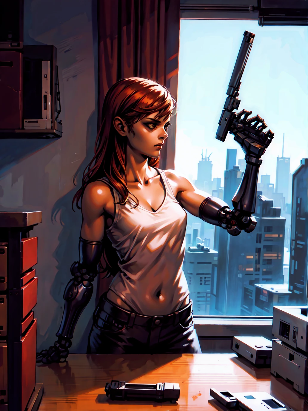 best quality,girl,dynamic shot,room,detailed background , alien, mechanical arms, zombie