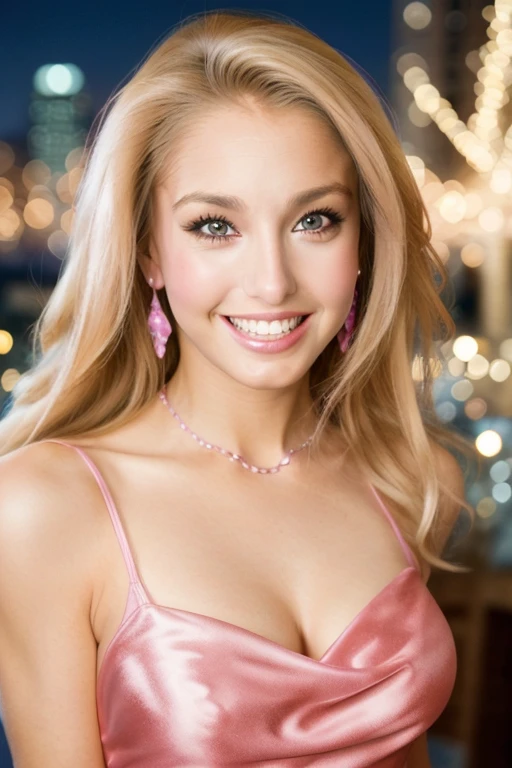 <lora:h34th3rth0m4s:0.98>, highly detailed face, stunning smile, date night, downtown at night, stunning pink dress, bokeh, people in background, RAW, HD