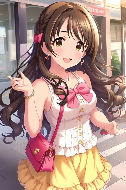 Shimamura Uzuki,  brown hair, long hair, 1girl, bag, bangs, bare shoulders, blurry, blurry background, blush, bow, bowtie, bracelet, breasts, brown eyes, brown hair, buttons, collarbone, day, earrings, eyebrows visible through hair, frilled skirt, frills, hair bow, hair ornament, hand up, handbag, highres, jewelry, lips, long hair, looking at viewer, medium breasts, necklace, open mouth, outdoors, shiny, shiny hair, skirt, sleeveless, smile, solo, teeth, yellow skirt
<lora:deresute-v1.1:1>