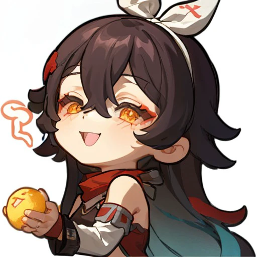 half-closed eyes, seductive smile, naughty face, <lora:gstamp_02-000008:0.9>, (chibi), (big head, close-up face), (upper body), simple background, white background, emoji, emote, jewelry, <lora:amber_02-000002:0.9>, (amber_harpastum), long brown hair, bare shoulder, pale skin, midriff, red scarf, hair ribbon,