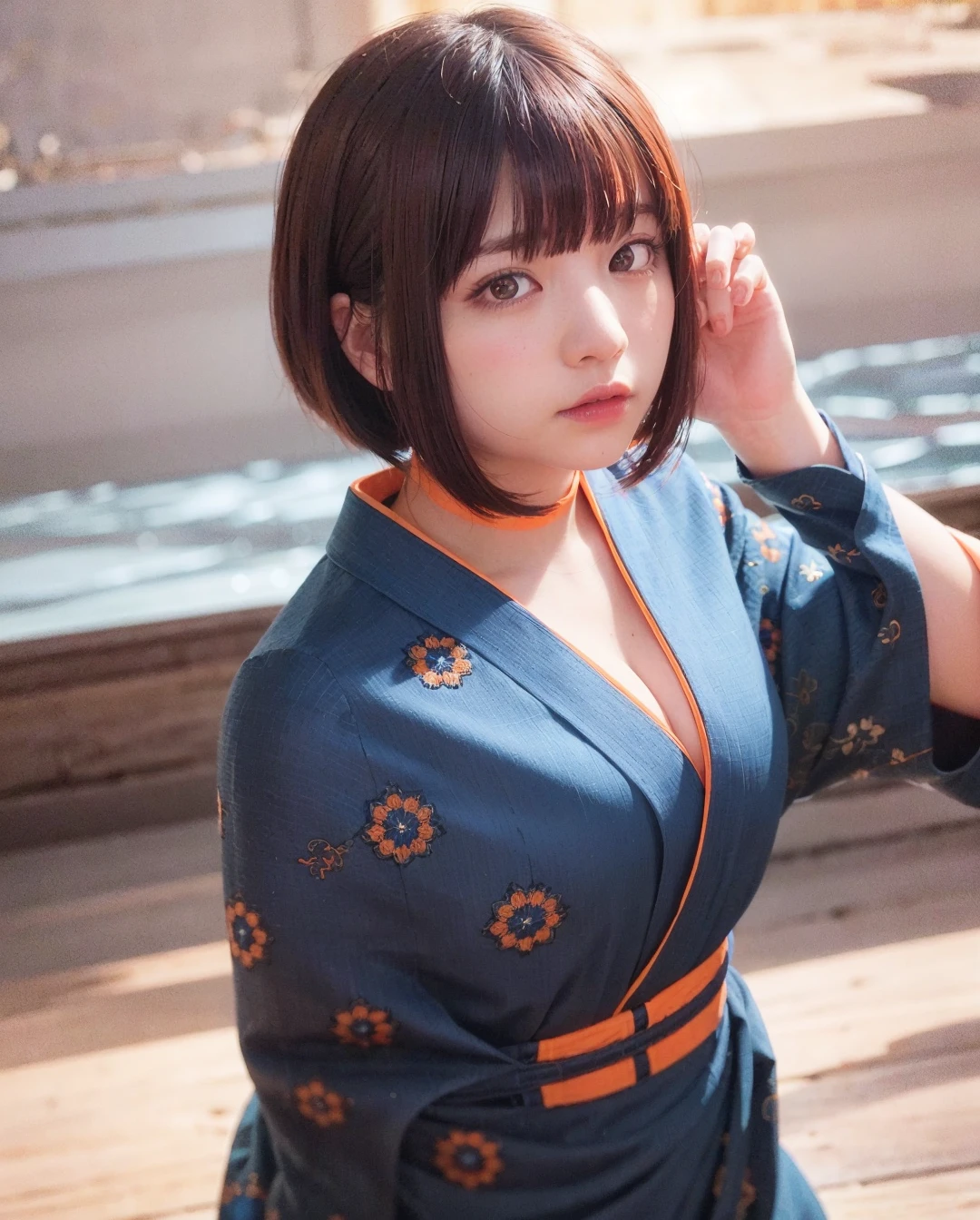 best quality, photorealistic, 8k, high res, 1girl, woman, (professional lighting), (portrait:0.6), (blue and orange kimono dress:1.72), gorgeous, black hair, (1girl eyes looking at viewer:1.7), ((looking at viewer:1.6)), photorealistic, (bokeh), (portait:0.6), (dynamic pose:1.2), sfw, (smile:1),   <lora:nagi:0.71>