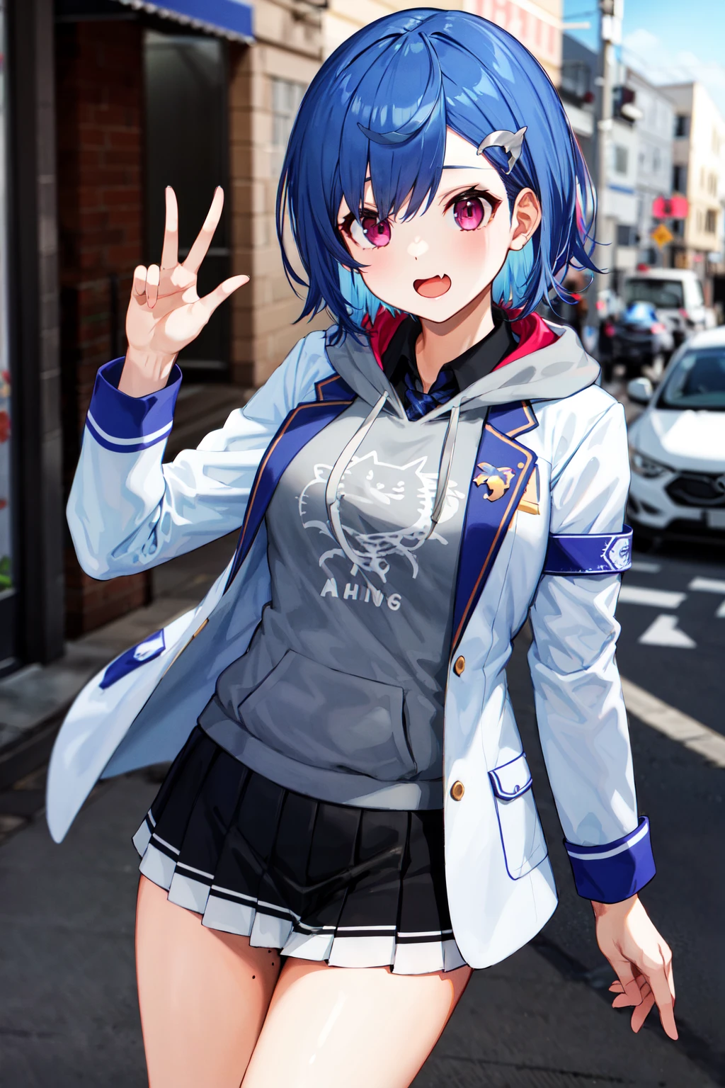 masterpeace, best quality, highres, 1girl, solo, grey hoodie, fang, blue hair, skin fang, blazer, short hair, white jacket, mole on thigh, bangs, black skirt, hair behind ear, black socks, collared shirt, purple eyes, pleated skirt, armband, hair ornament, medium breasts. <lora:nishizono_chigusa_v2:0.7>, cowboy shot, street, waving,