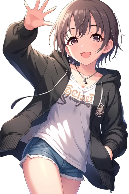 Otokura Yuuki, 1girl, :d, \||/, arm behind back, brown hair, black eyes, collarbone, cowboy shot, drawstring, highres, hood, hood down, hooded jacket, jacket, jewelry, key necklace, looking at viewer, open mouth, pendant, short hair, short shorts, shorts, simple background, smile, solo, waving, white background
<lora:deresute-v1.1:1>