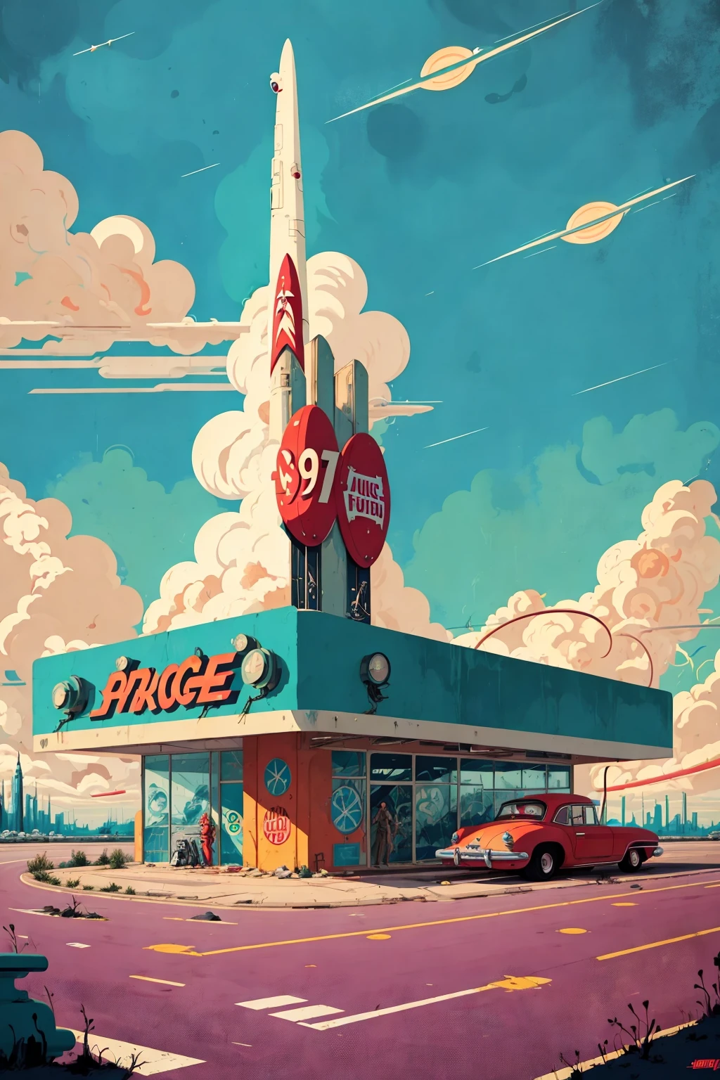 vectorstyle, cars around abandoned gas station sign made from a rocket (AtomPunkStyleSD15:1.0)
(masterpiece:1.5) (painting:1.1) (best quality) (detailed) (intricate) (8k) (HDR) (wallpaper) (cinematic lighting) (sharp focus) <lora:dreamyVectorStyle_v1:0.7>
