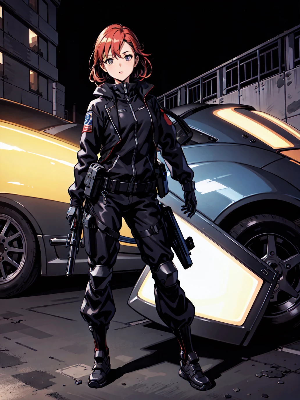 best quality, high_resolution,detailed background, girl,suit,techwear,street,