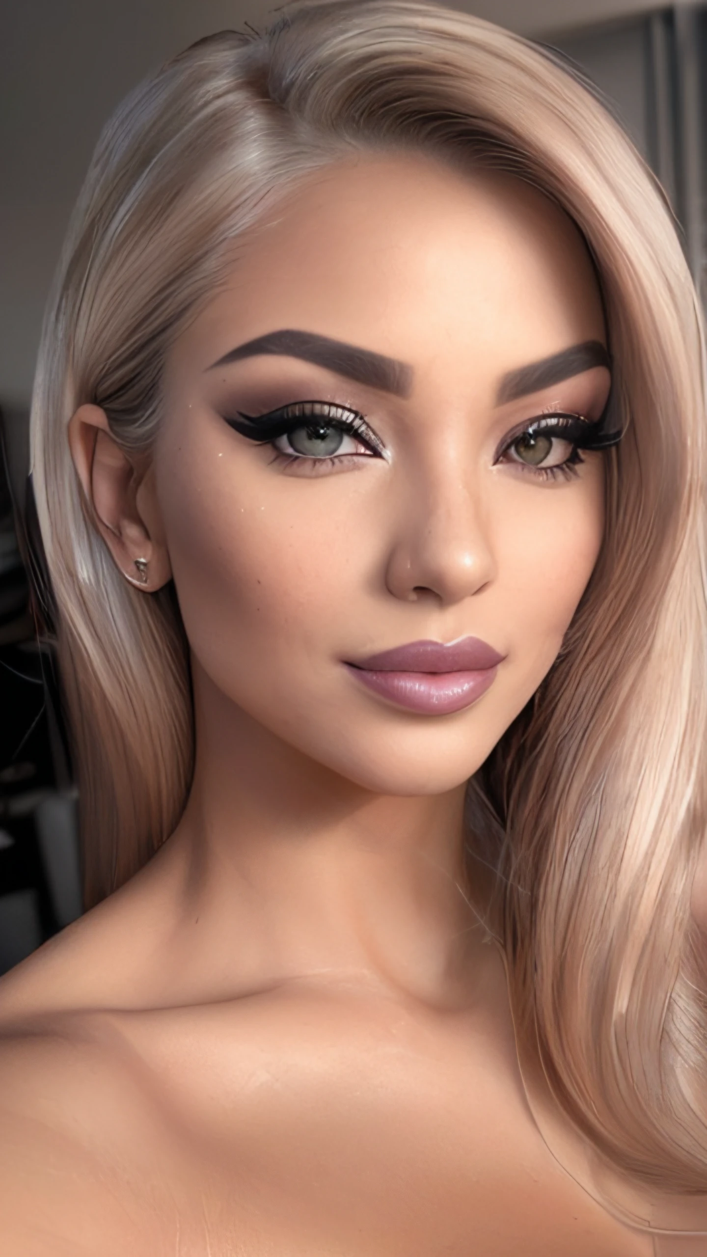 ((full body) shot, (wide-angle shot), (RAW, analogue, Nikon Z 14mm ultra-wide angle lens, award-winning glamour photograph, ((best quality)), ((masterpiece)), ((realistic)), skin pores, subsurface scattering, radiant light rays, high-res, detailed facial features, high detail, sharp focus, smooth, aesthetic, extremely detailed, (extremely detailed eyes, extremely detailed iris), extremely detailed hair, extremely detailed skin, extremely detailed clothes, octane render, photorealistic, realistic, post-processing, max detail, realistic shadows, roughness, natural skin texture, real life, ultra-realistic, photorealism, photography, 8k UHD, photography, hdr, intricate, elegant, highly detailed, sharp focus), ((stunning, gorgeous, cute), (nude selfie, blowing a kiss, biting lip, winking, licking lips, cleavage selfie, low contrast), seductive smile, sexy smile, blusher, eyeshadow, eyeliner, long lashes, immaculate matte makeup, intricate and detailed tattoos))