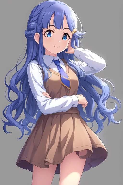 asari nanami, 1girl, bangs, blue eyes, blue hair, brown dress, cowboy shot, cropped legs, crossed arms, dress, fish hair ornament, grey background, hair ornament, hair rings, highres, long hair, long sleeves, looking at viewer, necktie, red neckwear, shirt, simple background, smile, solo, wavy hair, white shirt
<lora:deresute-v1.1:1>