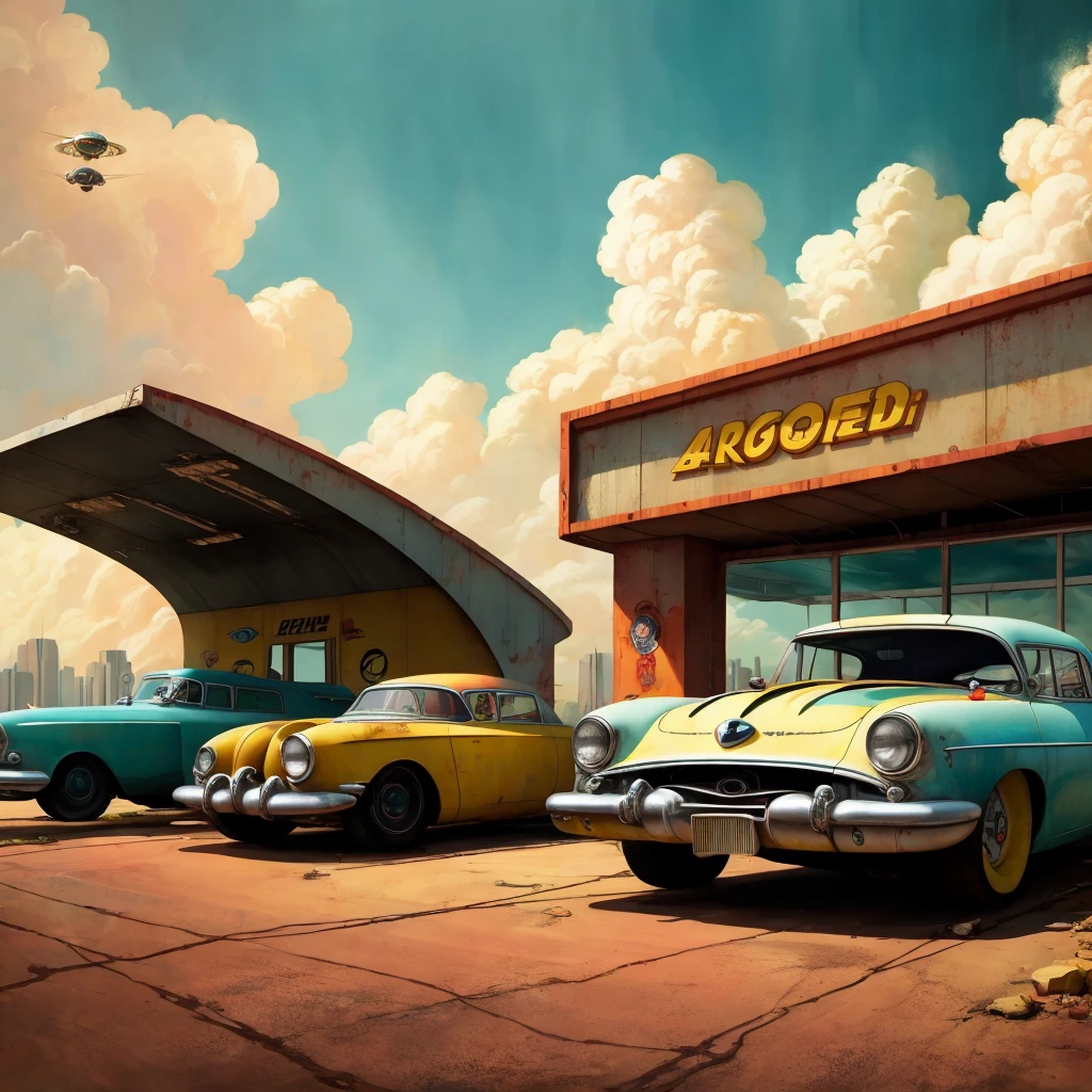 abandoned gas station rocket hover cars (AtomPunkStyleSD15:1.0)
(masterpiece:1.5) (painting:1.1) (best quality) (detailed) (intricate) (8k) (HDR) (wallpaper) (cinematic lighting) (sharp focus)