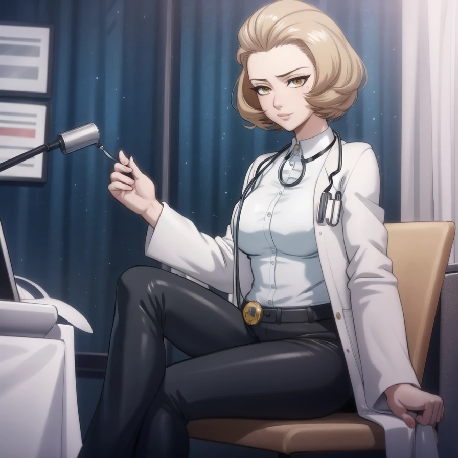 masterpiece, ultra high quality cg, anime, best quality, middle-aged woman, manuela, doctor's office, white doctor's coat, white collared shirt, black pants, sitting at desk, stethoscope