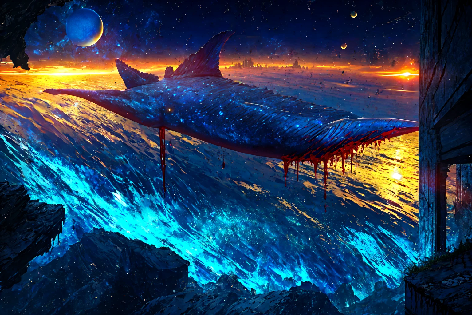 masterpiece, best quality, no_humans,((ruins)), <lora:RAL:0.6>,space,glowing,tanabata, tanzaku,city,milky_way,whale,buildings,underwater,blood,earth \(planet\), <lora:Earth:0.5>,yellow_theme