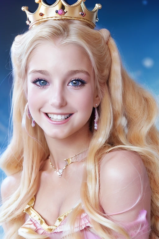 RAW HD photo of stunningly beautiful <lora:h34th3rth0m4s:1> (blonde), unique pose, (adorable smile:1.1, cute), masterpiece, pink princess gown, golden crown, koopa kingdom, candid, amateur, blue skies