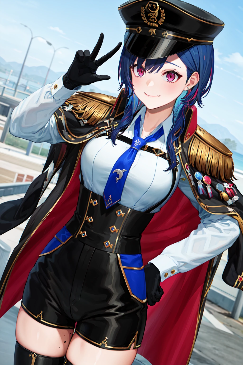 masterpeace, best quality, highres, 1girl, solo, blue hair, hat, multicolored hair, epaulettes, thighhighs, white shirt, collared shirt, black jacket, jewelry, blue necktie, black shorts, necktie, long sleeves, black headwear, earrings, bangs, mole, black gloves, peaked cap, medium breasts, pink hair, fang, <lora:nishizono_chigusa_v2:0.7>, cowboy shot, outdoors, smile, closed mouth,