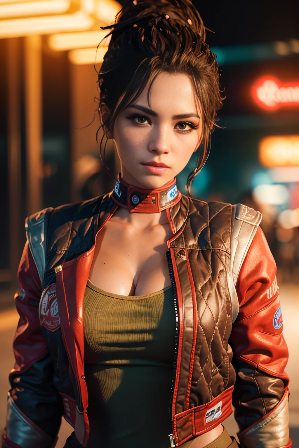<lora:PanamV2:0.6.5> ((portrait shot)), a photo on Panam, (jacket:1), neon lights, ((face_freckles:0.9)), good hand,4k, high-res, masterpiece, best quality, (head:1.3), finely detailed skin, sharp focus, (cinematic lighting), collarbone, soft lighting,