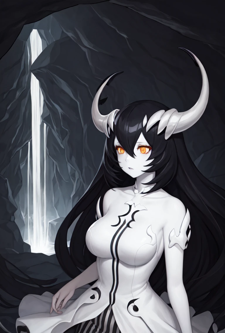 ((mythological being enchanted humanoids)),((naked girl)) (((big breasts) gray body, white eyes, black hair, high quality 3d image close-up, serious, looking at the camera, with a crown, and a scepter in hand with a skull, masterpiece, high detail, exposed breasts, small breasts, in the black forest, exposed midriff, standing, in the background a village