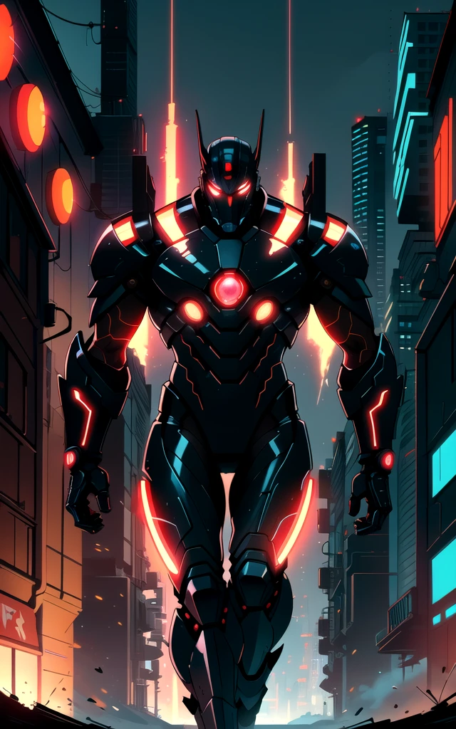 A highly-detailed portrait of a fearsome cybernetic warrior, his eyes glowing with an intense red light. The hero stands tall, staring off into the distance with determination, his armor glistening in the neon lights of the futuristic city. The art style is a fusion of the works of Akiman and Bruce Timm.Image of a superhero in motion, capturing the dynamic energy and power of their movements.