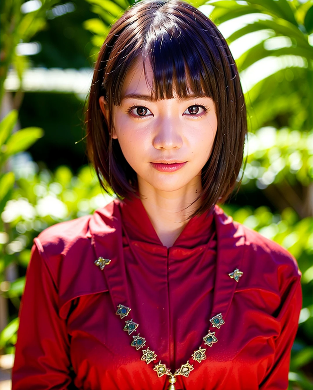 best quality, photorealistic, 8k, high res, 1girl, woman, (professional lighting), (portrait:0.6), (red kimono dress:1.72), gorgeous, black hair, (short hair:1.2), (1girl eyes looking at viewer:1.4), ((looking at viewer:1.6)), (looking at the camera), photorealistic, (bokeh), (portait:0.6), (dynamic pose:1.2), sfw, (smile:1.2), <lora:koharu suzuki v2:0.79>