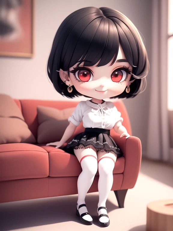 (masterpiece),(best quality),(ultra-detailed),
(full body:1.2),1girl, chibi,
black Bob haircut, red eyes, earring,
white shirt,black skirt, (lace legwear), bedroom,
(sitting on red sofa),
seductive posture, smile,
(beautiful detailed face), (beautiful detailed eyes:1.16),