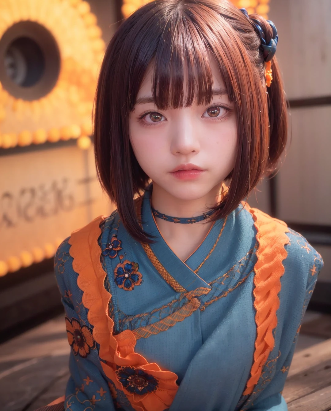 best quality, photorealistic, 8k, high res, 1girl, woman, (professional lighting), (portrait:0.6), (blue and orange kimono dress:1.72), gorgeous, black hair, (1girl eyes looking at viewer:1.7), ((looking at viewer:1.6)), photorealistic, (bokeh), (portait:0.6), (dynamic pose:1.2), sfw, (smile:1),   <lora:nagi:0.71>