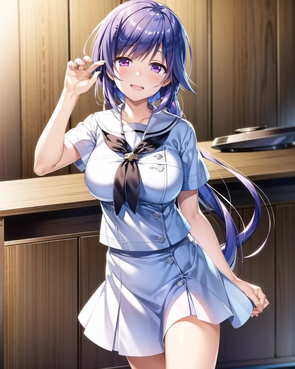 ((masterpiece)), ((best quality)), ((highres)), ((extremely detailed CG unity 8k wallpaper)), solo, <lora:mizuori shizuku:0.8>, mizuori shizuku, white school uniform, white skirt, black socks, cowboy shot, kitchen, smile
