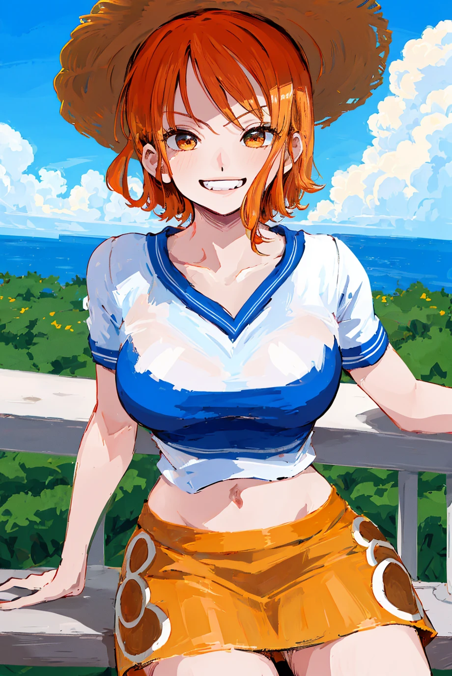 Masterpiece, best quality,solo, (cowboy shot), nishikino maki,red hair, purple eyes, big breasts, wide hips,hand on hip, white tank top, brown short shorts,goggles on head, ,earrings, fortune ,sweaty , (parted breasts:1.2), embarrassed , clothes pulled up ,Upshirt , Underboob, nipples slip