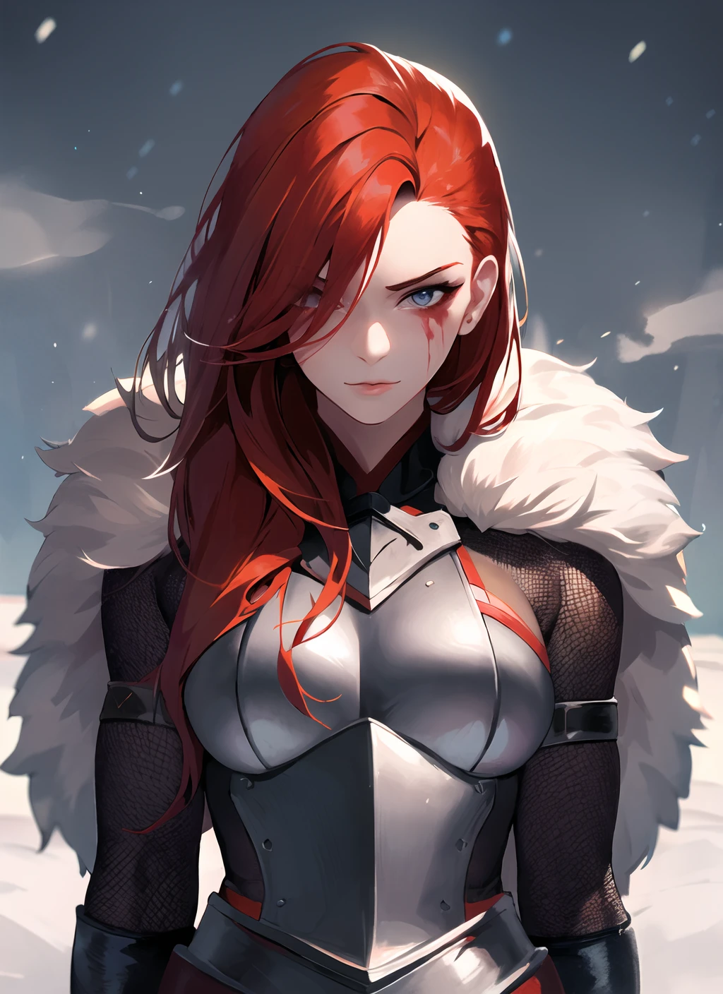 1girl, (warrior), winter clothes, (blood on face:0.7), Norse, fur, armor, red hair, long hair, eyeliner, smokey, wind, blizzard, looking at viewer (masterpiece, high quality:1)