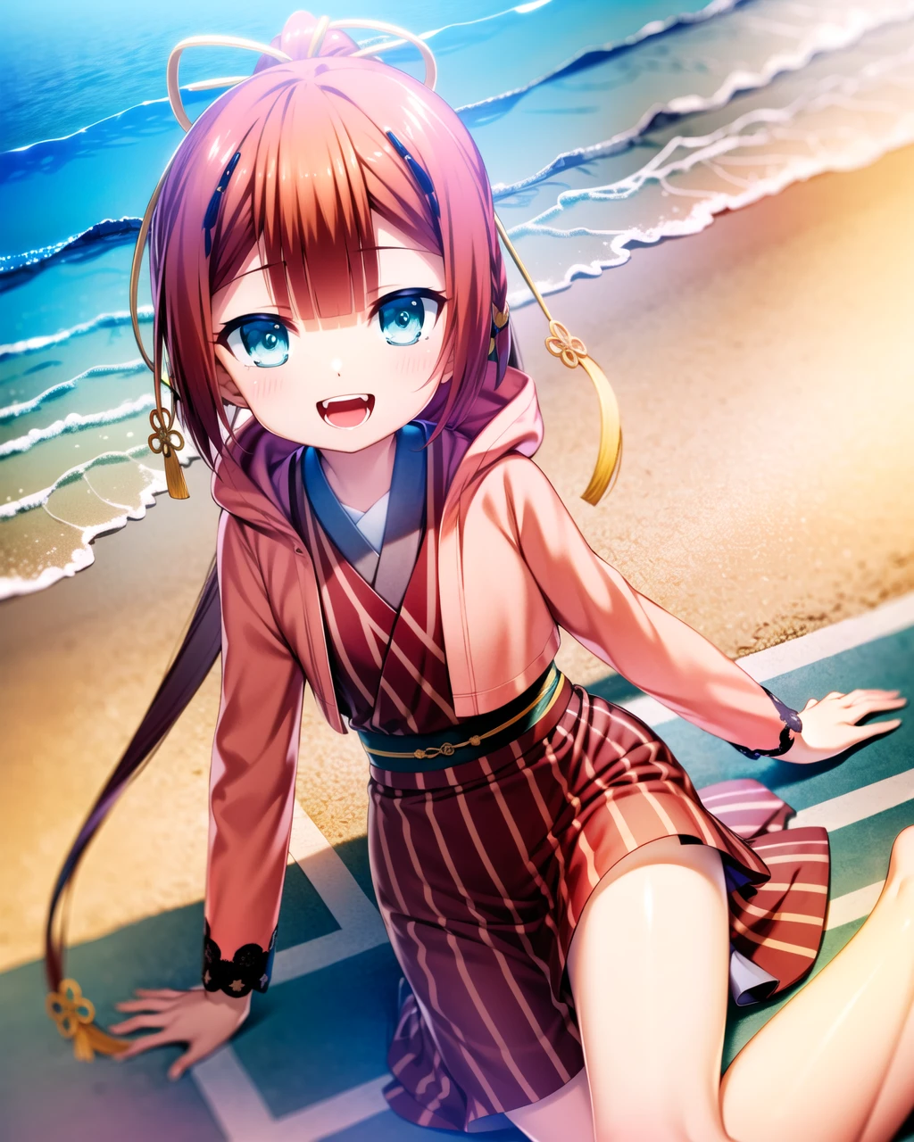 ((masterpiece)), ((best quality)), ((highres)), ((extremely detailed CG unity 8k wallpaper)), solo, <lora:kamiyama shiki:1>, kamiyama shiki, pink jacket, red kimono, smile, open mouth, fang, beach