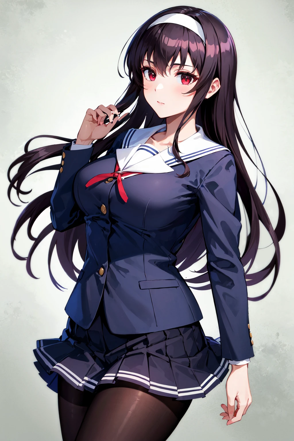 masterpiece, best quality, highres, kasumigaoka utaha, 1girl, solo, pantyhose, long hair, black pantyhose, skirt, school uniform, black hair, hairband, red eyes, pleated skirt, long legs, white hairband, breasts, serafuku, bangs, jacket, large breasts, <lora:kasumigaoka_utaha_v2:0.7>