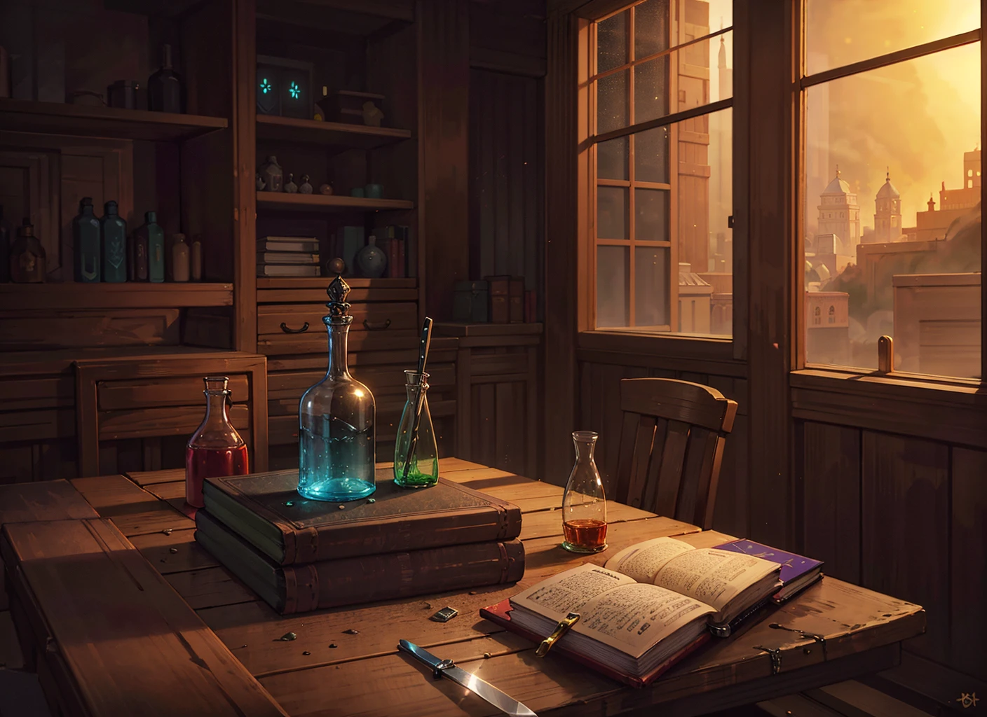 no humans, table with glowing potion bottles, stack of coins, knife, books, still life, volumetric lighting, best quality, masterpiece, realistic
