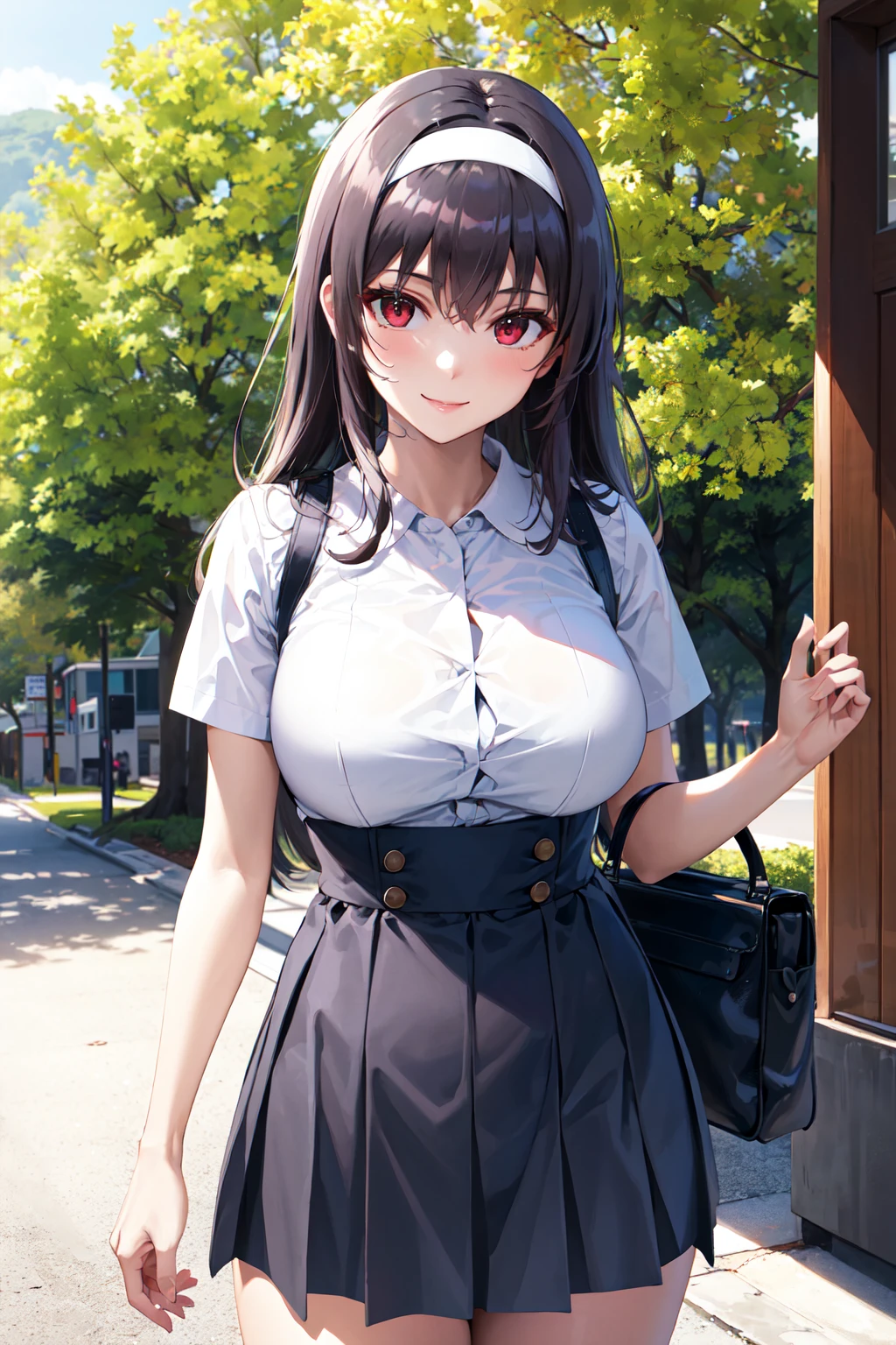 masterpiece, best quality, highres, kasumigaoka utaha, 1girl, long hair, black hair, hairband, red eyes, long legs, breasts, bangs, large breasts, <lora:kasumigaoka_utaha_v2:0.7>, high-waist skirt, white shirt, short sleeves, outdoors, bag, smile,