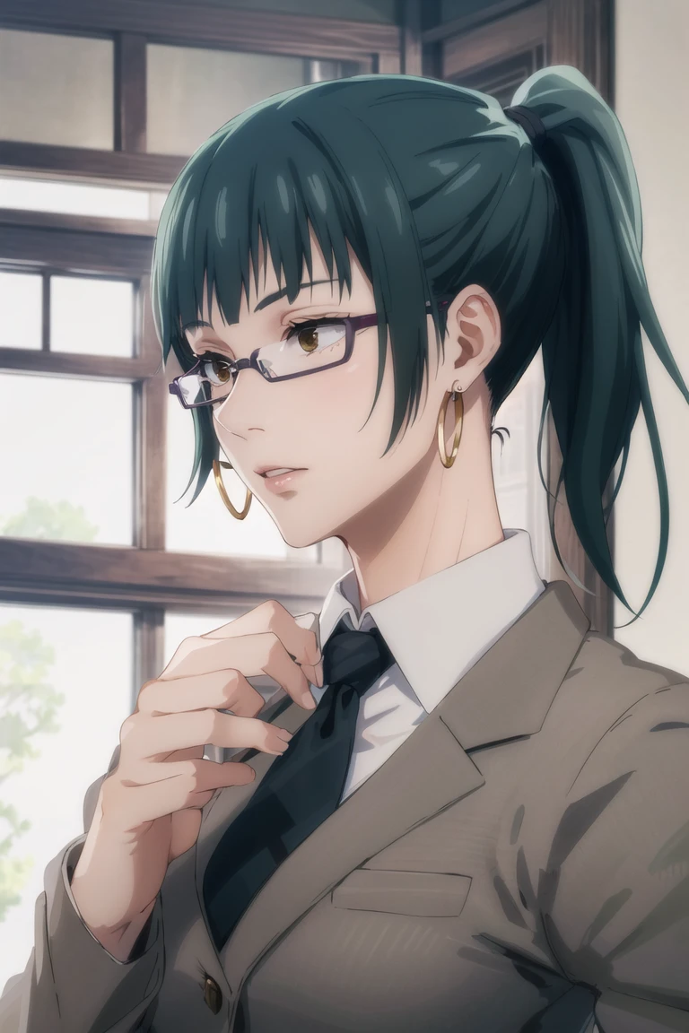 1girl, upper body, beautiful ,zenin_maki,ponytail,glasses,bangs,green hair,brown eyes, indoor,hoop Earrings, office lady, black suit, business clothes, black necktie, smalllips, volumetric lighting, best quality, masterpiece, intricate details, tonemapping, sharp focus, hyper detailed, trending on Artstation