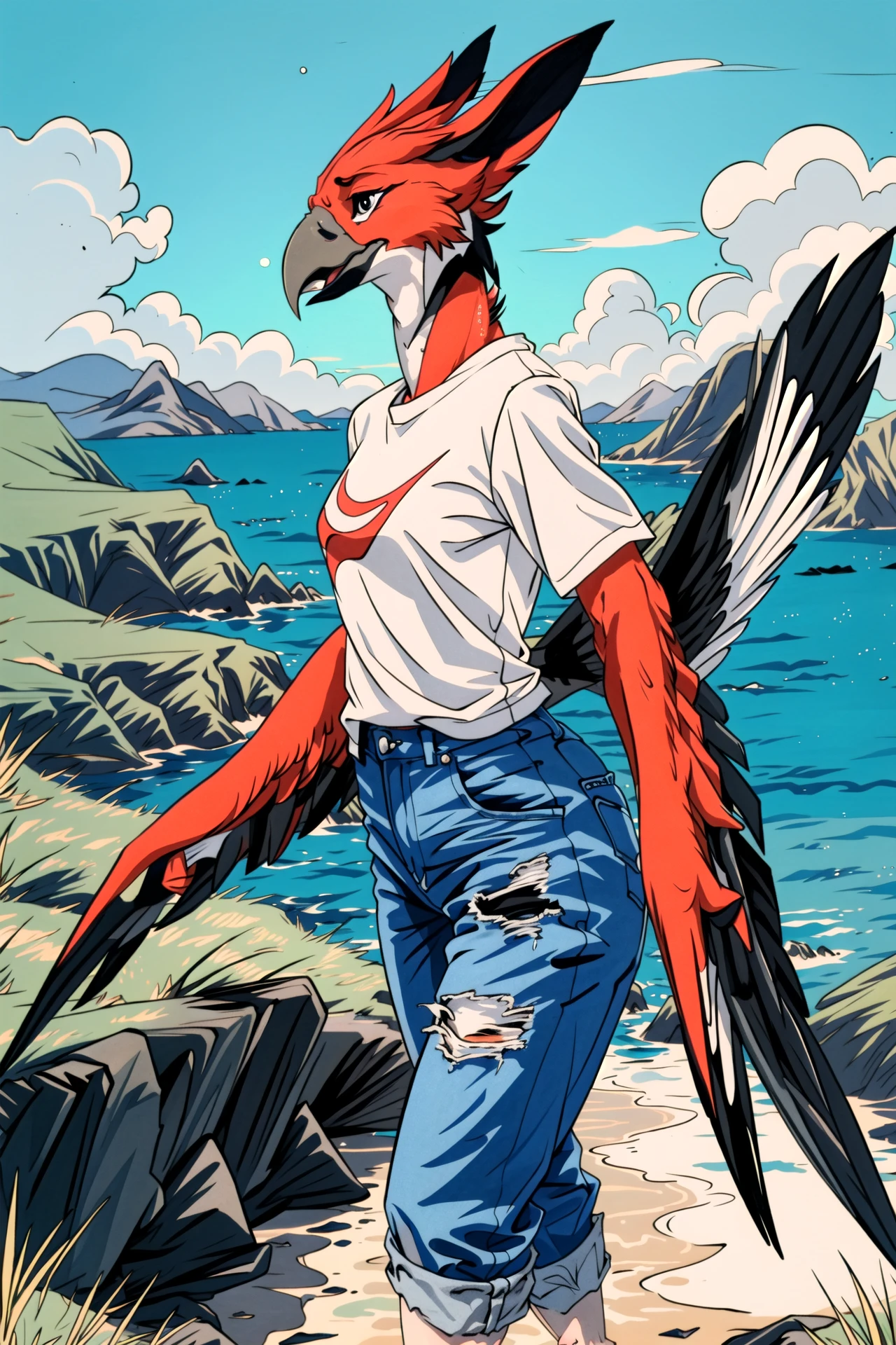 anthro avian bird, beak, ((winged-arms)), red body, white shirt, short sleeves, jeans, on a cliff, gorgeous New Zealand landscape,