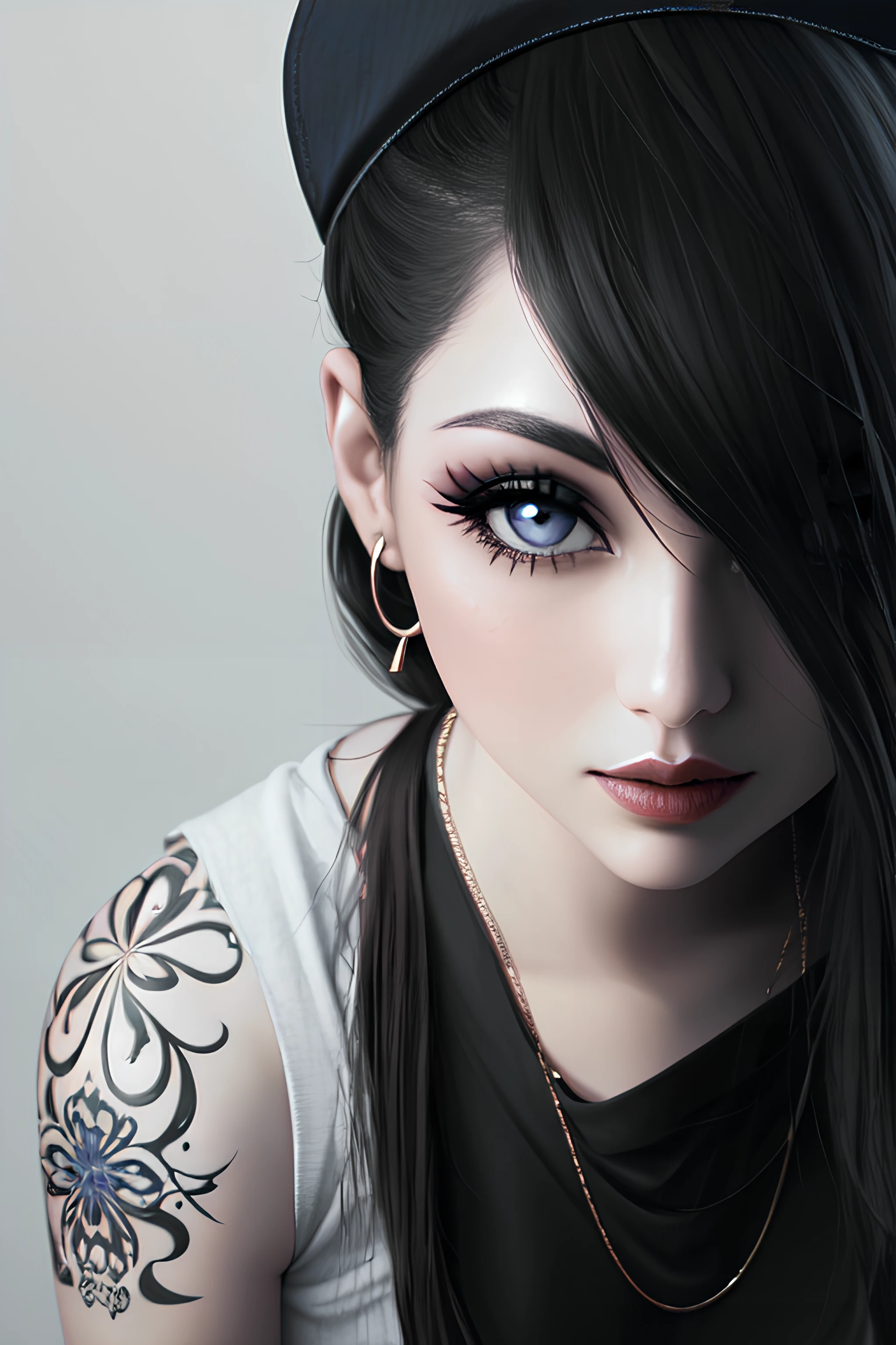 1girl, solo, jewelry, hat, realistic, piercing, earrings, black hair, necklace, baseball cap, blue eyes, ear piercing, ponytail, tattoo, makeup, traditional media, lips