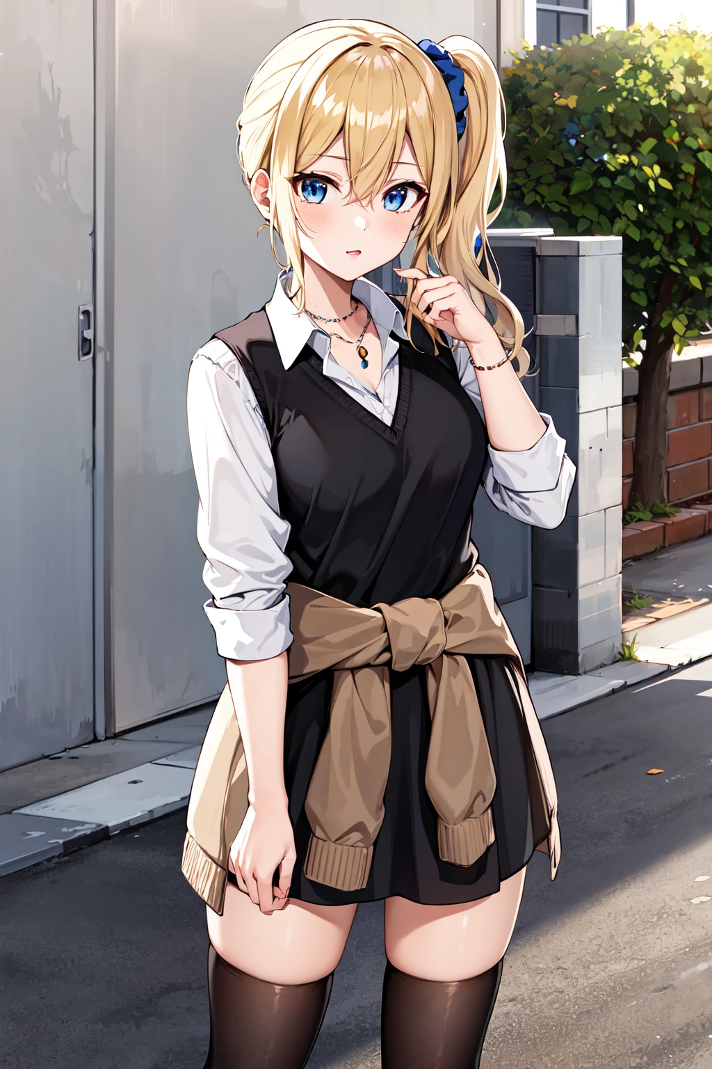 masterpeace, best quality, highres, 1girl, solo, hayasaka ai, blue scrunchie, side ponytail, hair between eyes, blue eyes, blonde hair, hair ornament, breasts, school uniform, collared shirt, hair scrunchie, clothes around waist, bangs, black socks, black vest, long hair, long sleeves, cardigan, sidelocks, kneehighs, dress shirt, necklace, collarbone, black dress, jewelry, sweater, <lora:hayasaka_ai_v10:0.6>, cowboy shot, standing,