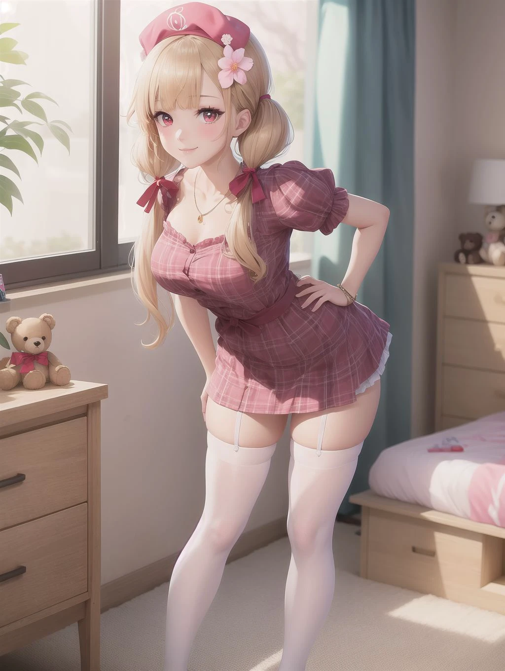 masterpiece,best quality,(solo:1.3),1girl,(tareme:1.2),(full body:1.2),standing,leaning forward,bent over,(low-tied_long_hair:1.3),(low twintails:1.2), dress, ribbons,hair ribbon,very long hair,hair ornament,hair flower, smile, looking at viewer, pink headwear,red eyes,symbol-shaped pupils, short sleeves, puffy sleeves, bangs, blush, blunt bangs, puffy short sleeves, jewelry, ribbon, plaid dress, makeup,eyelashes, necklace, wavy hair,(white thighhighs,thighs:1.2),indoors, messy room, window,sweet,girls's room,pink theme,painting \(medium\),teddy bear, stuffed toy, loaded interior,bedroom,(((otaku room)))