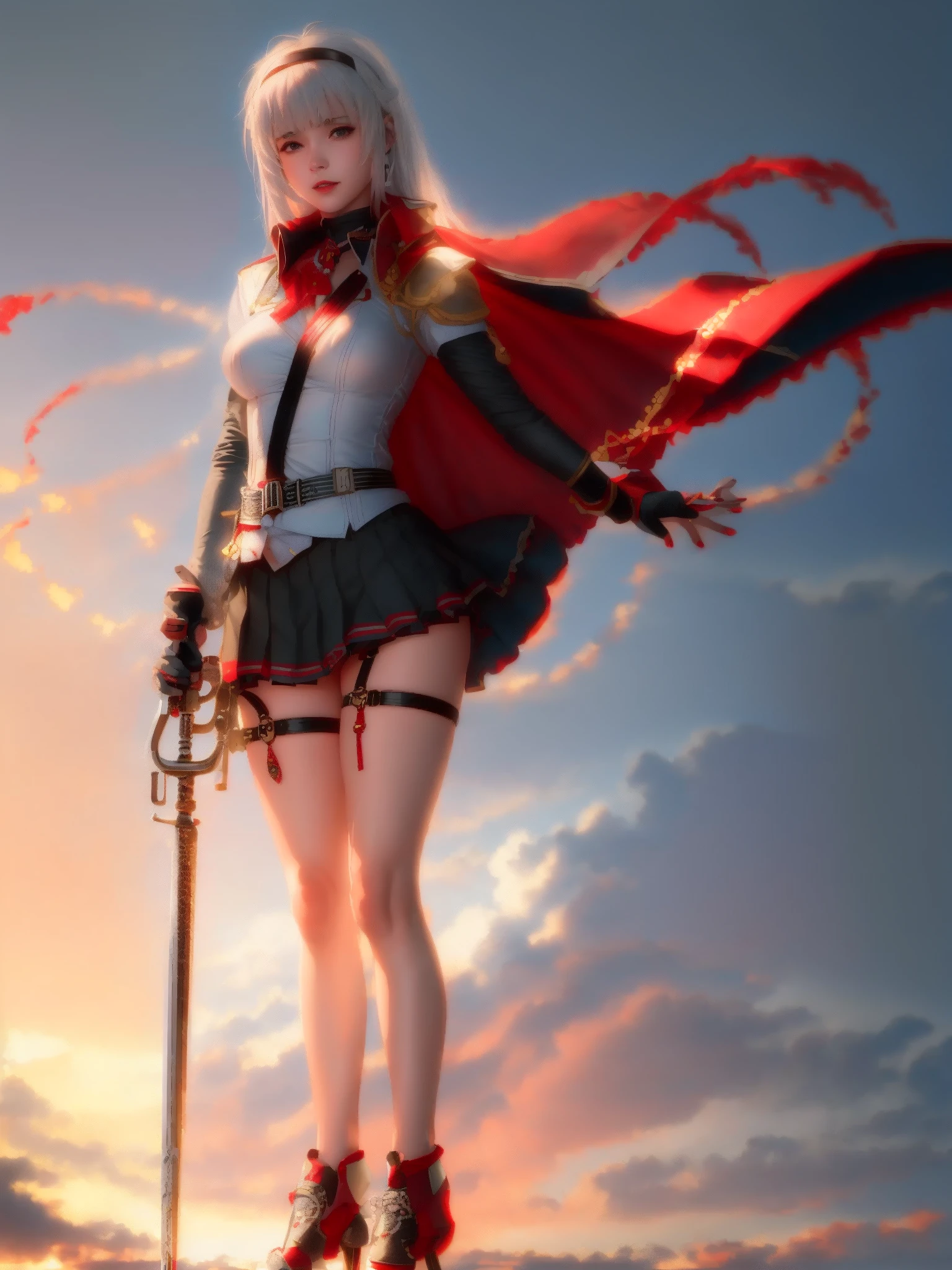 <lora:MainzV1:0.8>, 1girl, Mainz a woman in a short skirt holding a sword, Mainz wearing a red cape and MNZ_uniform, open legs, (masterpiece:1.4),(best quality:1.4),(shiny skin),realistic, detailed eyes, ,dynamic pose, body focus, cowboy shot (((masterpiece))), (((best quality))), illustration, artstation,