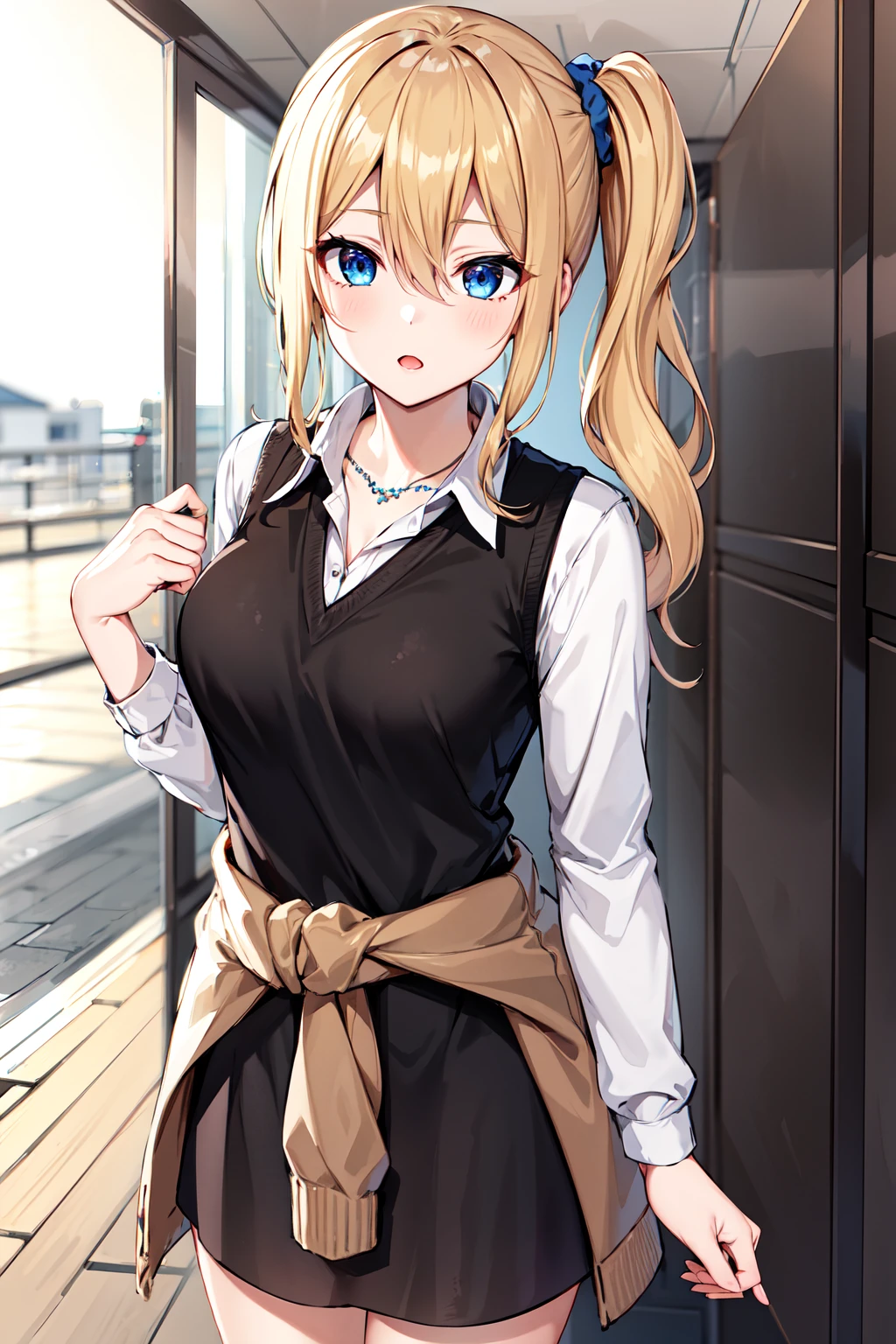 masterpeace, best quality, highres, 1girl, solo, hayasaka ai, blue scrunchie, side ponytail, hair between eyes, blue eyes, blonde hair, hair ornament, breasts, school uniform, collared shirt, hair scrunchie, clothes around waist, bangs, black socks, black vest, long hair, long sleeves, cardigan, sidelocks, kneehighs, dress shirt, necklace, collarbone, black dress, jewelry, sweater, <lora:hayasaka_ai_v10:0.6>, cowboy shot, standing,