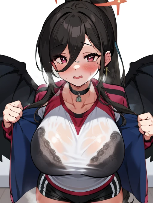 fsb, frosuke, 1girl, official alternate costume, hasumi (blue archive), hasumi (gym uniform) (blue archive), breasts, gym uniform, red eyes, mole, mole under eye, solo, black hair, shorts, long hair, underwear, blush, choker, shirt, see-through, ponytail, jacket, black bra, black choker, hair between eyes, bra, sweat, wet, large breasts, looking at viewer, white shirt, wet clothes, halo, thighs, wet shirt, very long hair, wings, track jacket, track and field, long sleeves, huge breasts <lora:sukebra(bsb&fsb)-000004:1>
