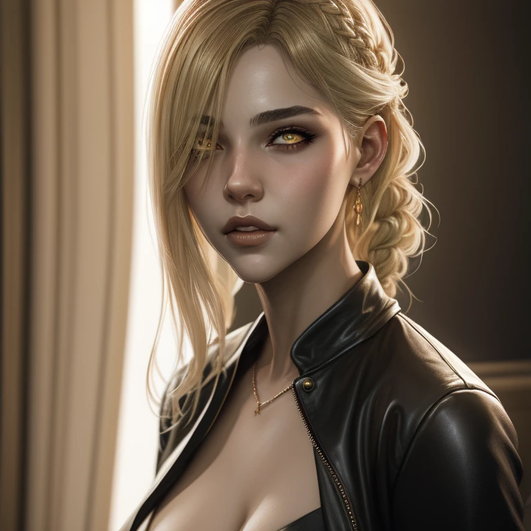(masterpiece, best quality:1.2),
a photo of a stunning woman, 1girl, solo, yellow eyes, hair ornament, long blonde braid, beautiful face, wearing a pencil skirt and black jacket with white accents in the eyes, full body portrait, 4 k, trending on artstation, beautiful painting, japanese anime art style, high quality, by krenz cushart and ilya kuvshinov and makoto shinkai and wenjun lin and greg rutkowski, realistic face, visible skin, digital art, concept art, <lora:_Queen_Marika-000009:0.7>