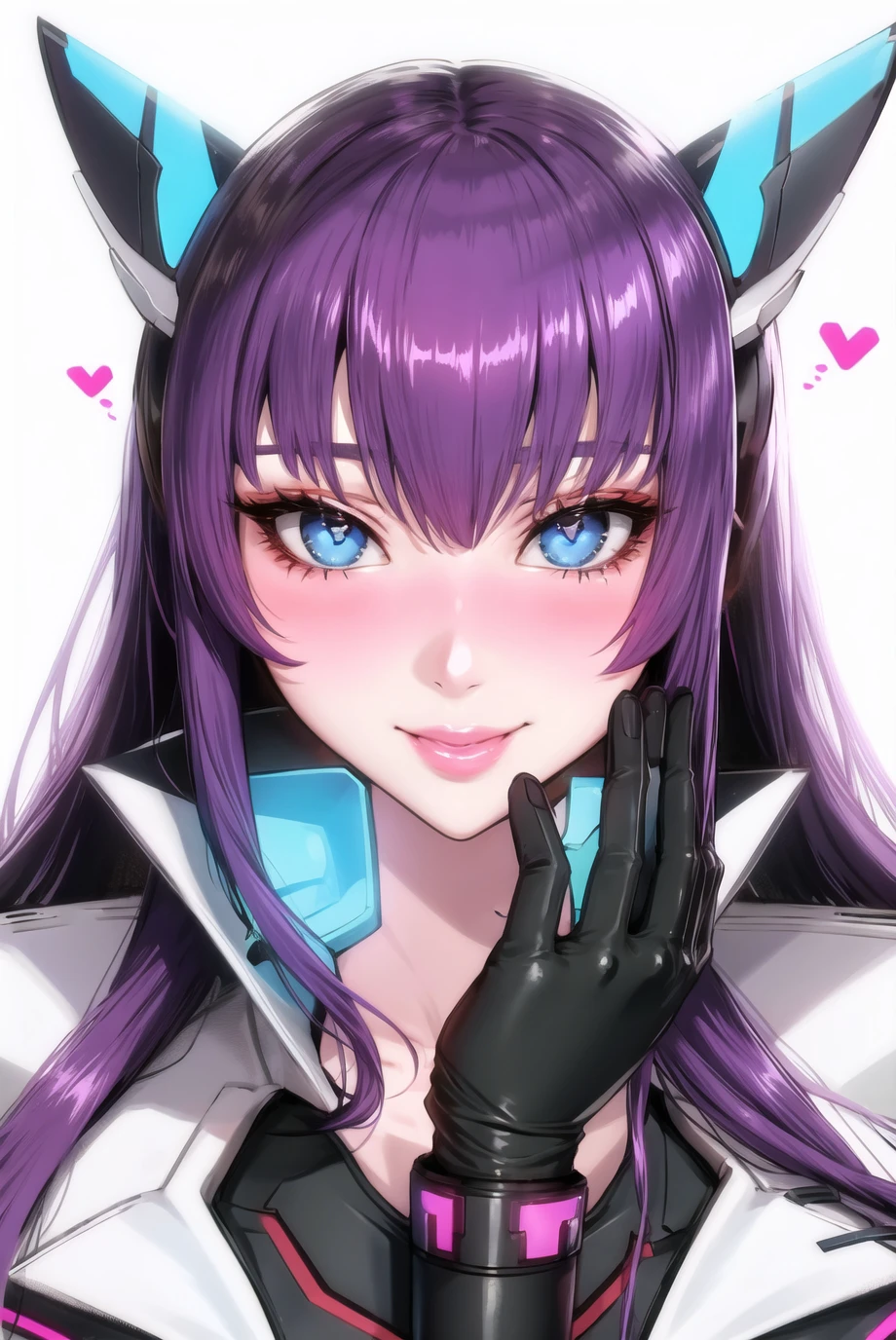1girl, blue eyes, blush, gloves, headgear, heart, lips, long hair, looking at viewer, maidoll, purple hair, smile, solo, white background