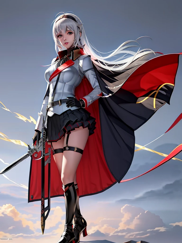 <lora:MainzV1:0.8>, 1girl, Mainz a woman in a short skirt holding a sword, Mainz wearing a red cape and MNZ_uniform, open legs, (masterpiece:1.4),(best quality:1.4),(shiny skin),realistic, detailed eyes, ,dynamic pose, body focus, cowboy shot (((masterpiece))), (((best quality))), illustration, artstation,