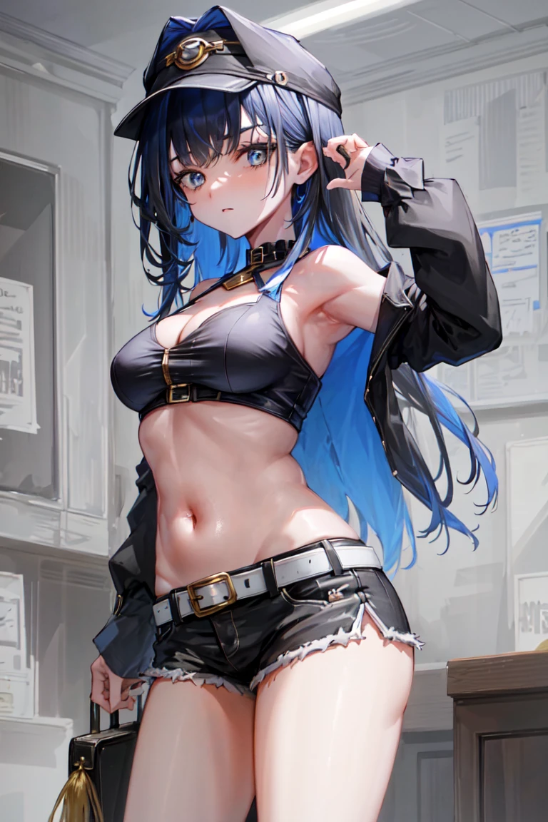 masterpiece, best quality, absurdres, perfect antomy, Ouro Kronii, 1girl, solo, long hair, multicolored hair, breasts, bag, bare arms, bare shoulders, black belt, black baseball cap, black shirt, cleavage, crop top,looking at viewer, navel, shorts, train interior, leaning, standing