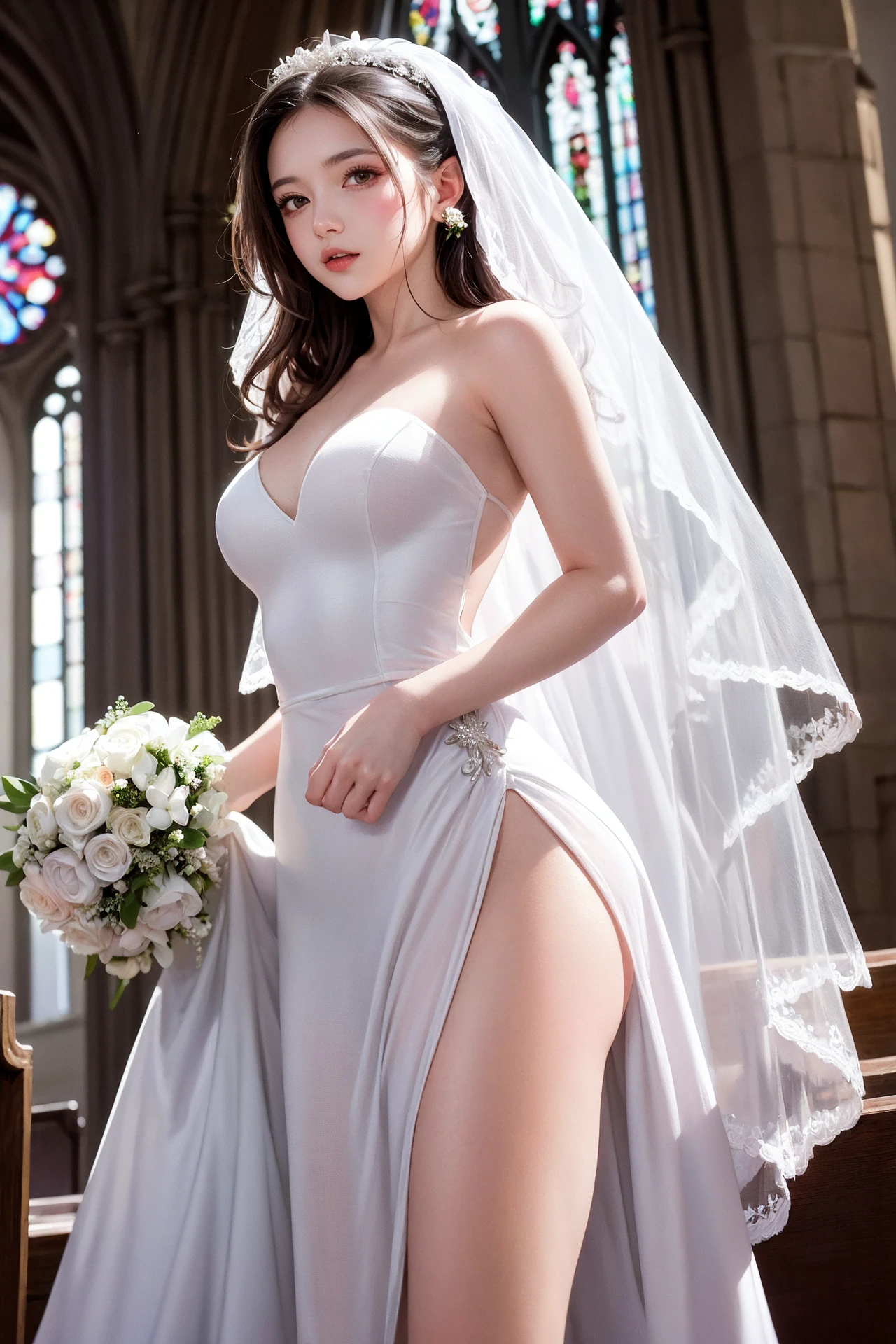 masterpiece,extremely detailed CG unity 8k wallpaper, realistic,((sfw))
//
1girl,white hair,wavy hair,long hair,
//
(see-through wedding dress:1),no panties,(wedding,bride:1.2),in church,standing
//
//