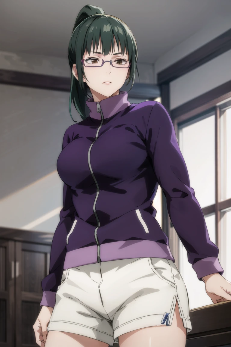 1girl, cowboy shot, beautiful zenin_maki,ponytail,glasses,bangs,green hair,brown eyes,purple jacket, white shorts, medium breast, cowboy shot, indoors , volumetric lighting, best quality, masterpiece, intricate details, tonemapping, sharp focus, hyper detailed, trending on Artstation,