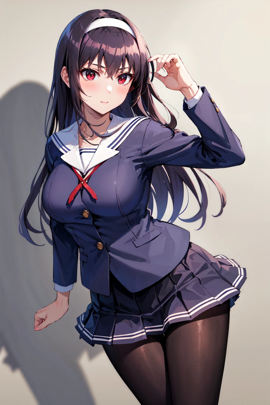 masterpiece, best quality, highres, kasumigaoka utaha, 1girl, solo, pantyhose, long hair, black pantyhose, skirt, school uniform, black hair, hairband, red eyes, pleated skirt, long legs, white hairband, breasts, serafuku, bangs, jacket, large breasts, <lora:kasumigaoka_utaha_v2:0.7>, cowboy shot,