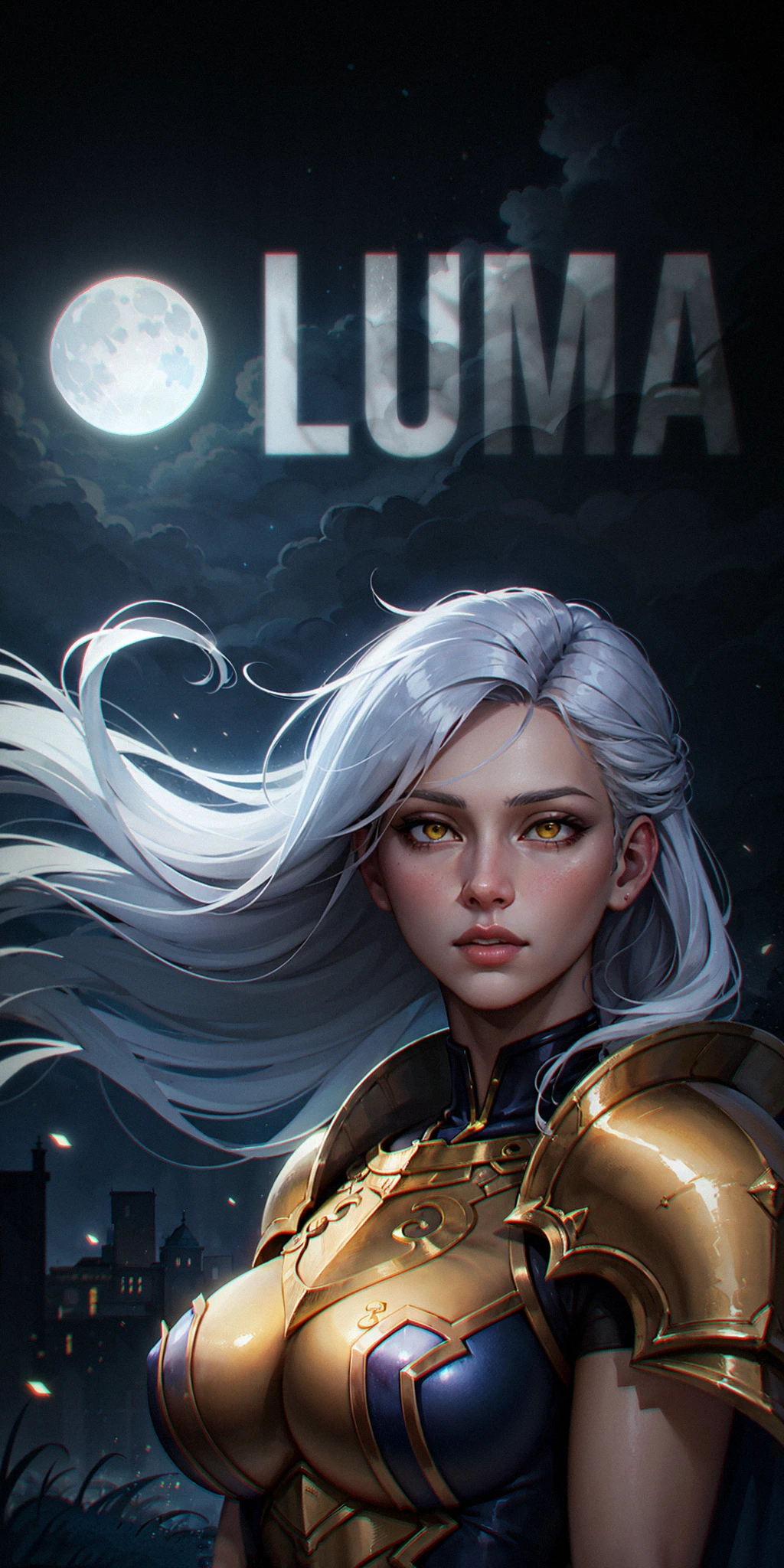 1girl, upper body of beautiful paladin in golden armor, moon on sky, looking up, windblown white hair, glowing yellow eyes, night, particles, volumetric lighting, best quality, masterpiece, very detailed, trending on Artstation, realistic