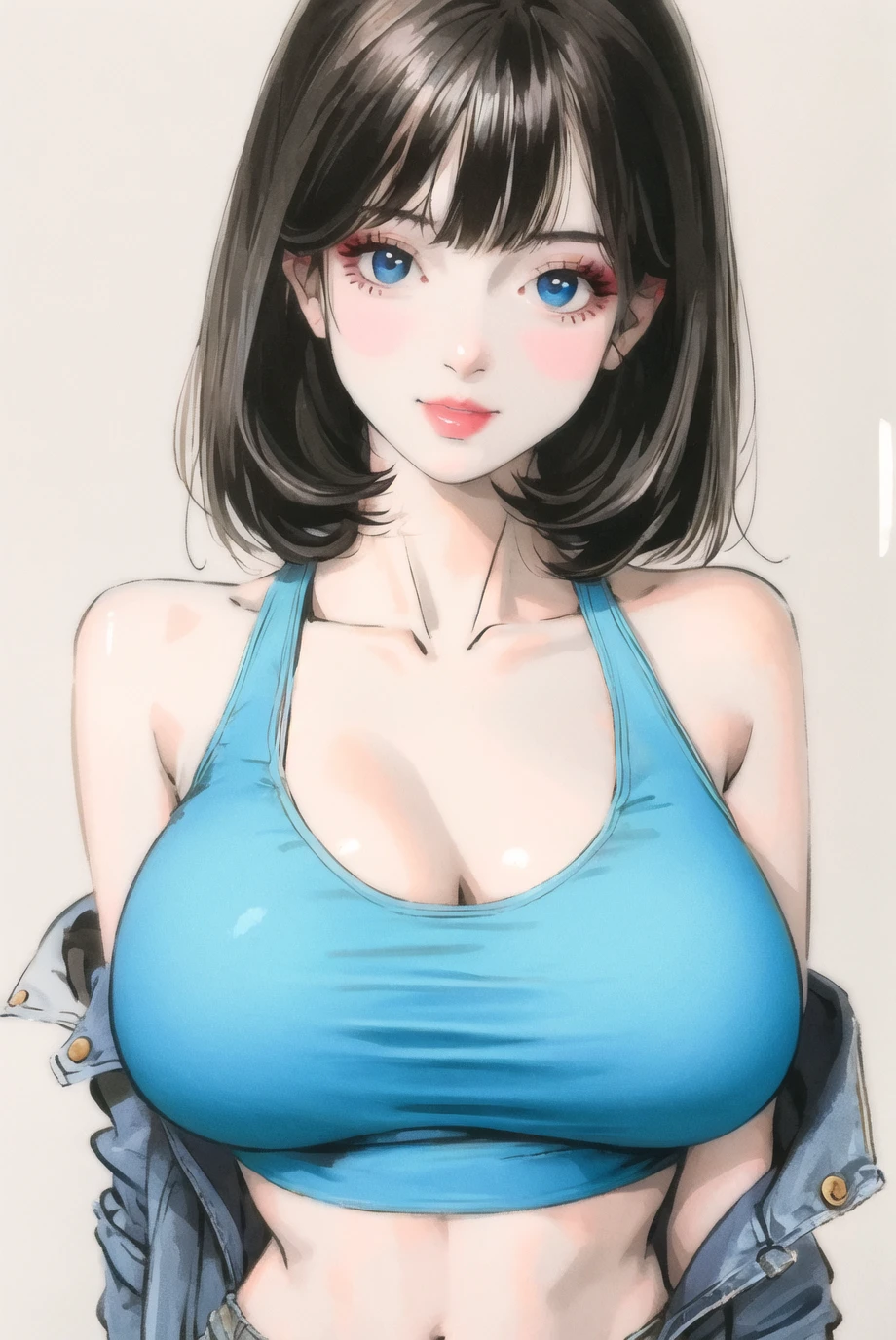 1girl, bangs, black hair, blue eyes, chch-style, cleavage, collarbone, denim, hand up, jacket, jeans, looking at viewer, huge breasts, medium hair, midriff, off shoulder, pants, solo, tank top, upper body,mature female